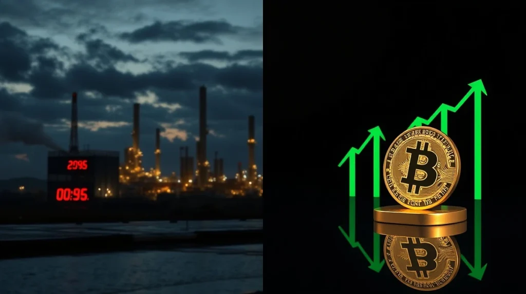 Split image of falling oil prices and rising Bitcoin and gold prices illustrating market rotation