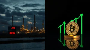 Split image of falling oil prices and rising Bitcoin and gold prices illustrating market rotation