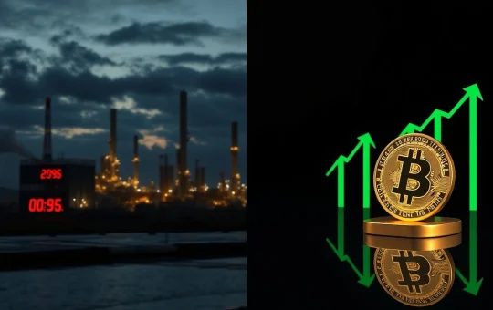 Split image of falling oil prices and rising Bitcoin and gold prices illustrating market rotation