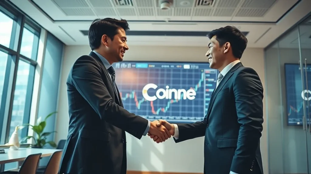 Two business executives shaking hands in a modern office with cryptocurrency charts on a screen, representing the OKX Ventures and Coinone partnership.