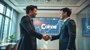 Two business executives shaking hands in a modern office with cryptocurrency charts on a screen, representing the OKX Ventures and Coinone partnership.