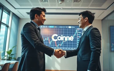 Two business executives shaking hands in a modern office with cryptocurrency charts on a screen, representing the OKX Ventures and Coinone partnership.
