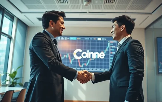 Two business executives shaking hands in a modern office with cryptocurrency charts on a screen, representing the OKX Ventures and Coinone partnership.