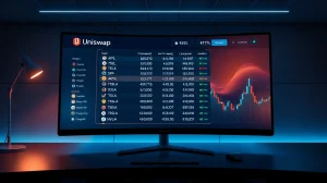 Digital trading screen showing Uniswap interface with tokenized stock tickers like AAPL and TSLA in a dimly lit trading desk setting.