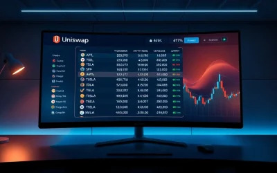 Digital trading screen showing Uniswap interface with tokenized stock tickers like AAPL and TSLA in a dimly lit trading desk setting.