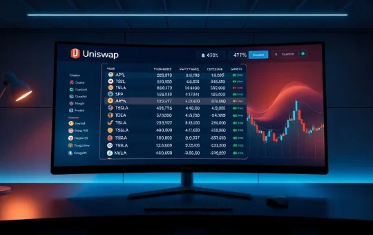 Digital trading screen showing Uniswap interface with tokenized stock tickers like AAPL and TSLA in a dimly lit trading desk setting.