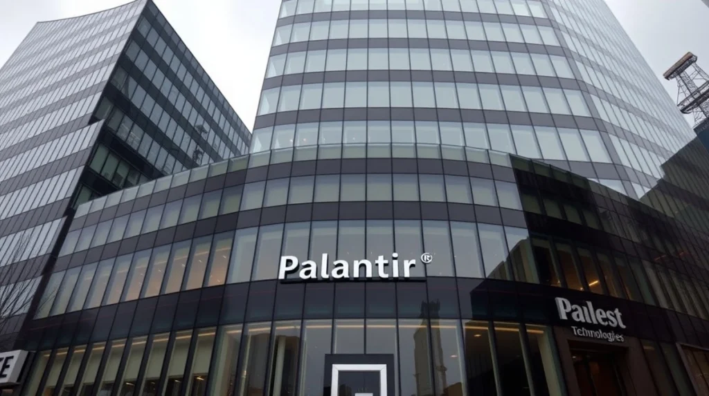 Exterior view of Palantir Technologies headquarters building on a cloudy day.