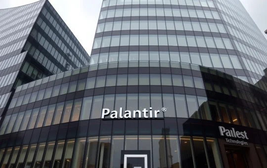 Exterior view of Palantir Technologies headquarters building on a cloudy day.