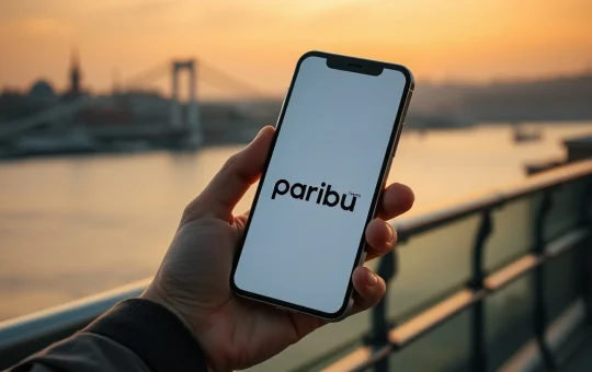 Person holding a smartphone showing Paribu and Polymarket integration with Istanbul skyline in background