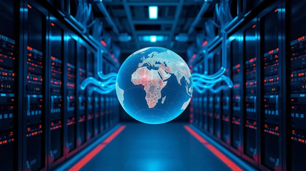Decentralized AI data center with glowing globe and network cables
