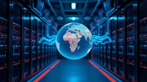 Decentralized AI data center with glowing globe and network cables