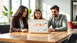 Business team reviewing financial dashboard on a laptop in a modern office