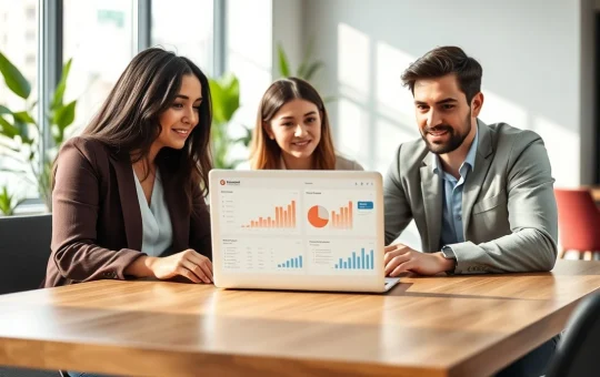 Business team reviewing financial dashboard on a laptop in a modern office