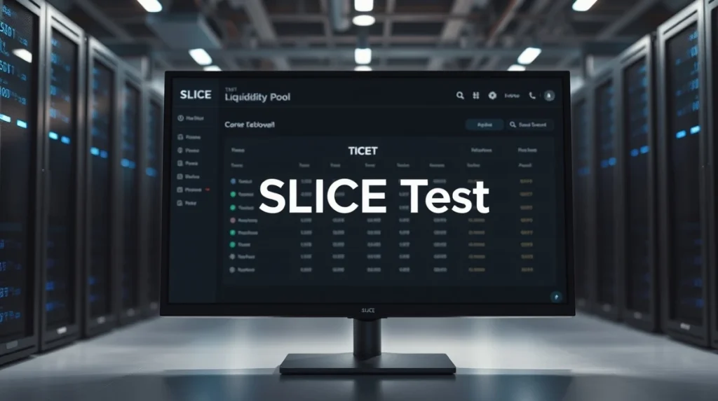 SLICE test liquidity pool dashboard on a computer monitor in a tech studio setting