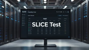 SLICE test liquidity pool dashboard on a computer monitor in a tech studio setting