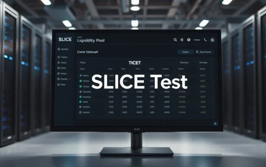 SLICE test liquidity pool dashboard on a computer monitor in a tech studio setting