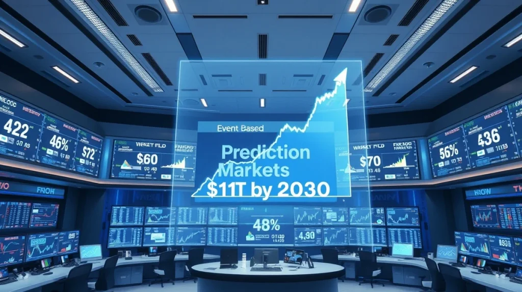 Digital holographic display showing prediction market growth chart to $1 trillion by 2030