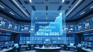 Digital holographic display showing prediction market growth chart to $1 trillion by 2030