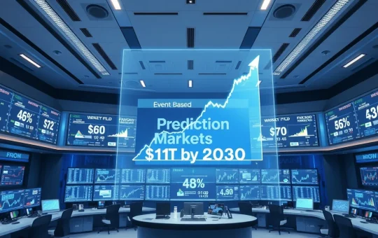 Digital holographic display showing prediction market growth chart to $1 trillion by 2030