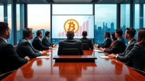 Business executives in a boardroom looking at a large screen displaying a Bitcoin logo and an upward-trending chart.