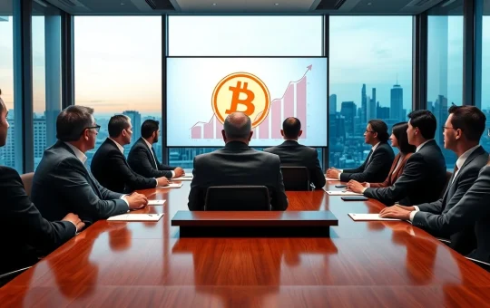 Business executives in a boardroom looking at a large screen displaying a Bitcoin logo and an upward-trending chart.