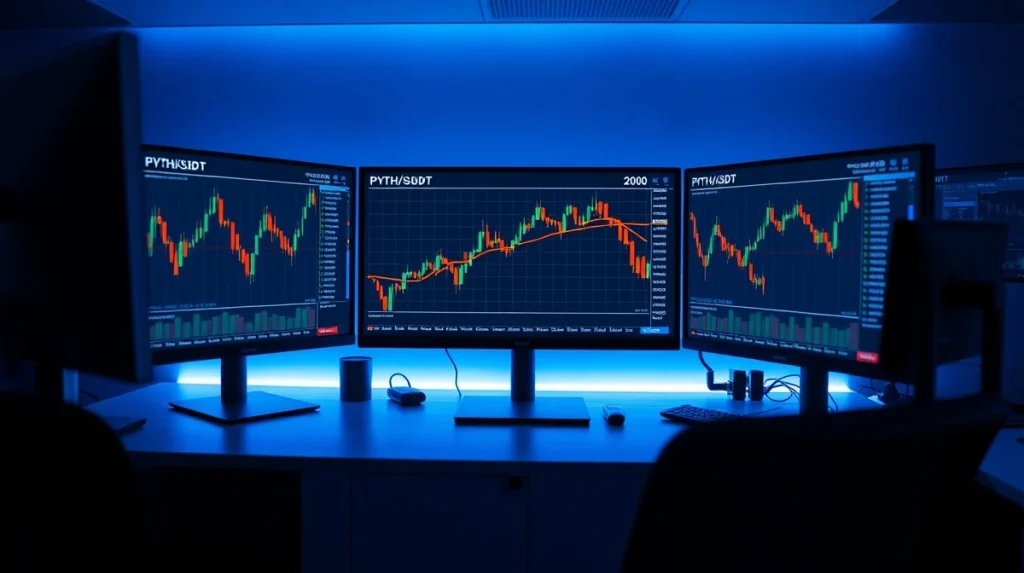 PYTH price chart with 200-day EMA on monitors at a professional trading desk