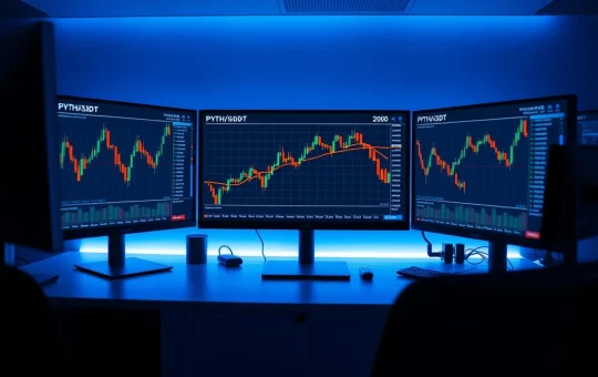 PYTH price chart with 200-day EMA on monitors at a professional trading desk