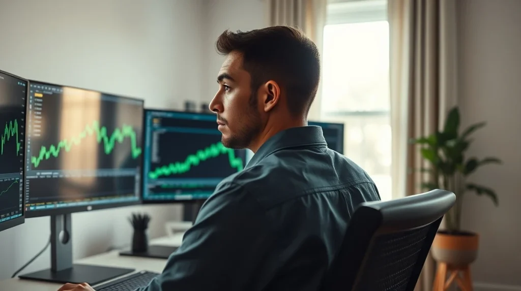 Retail trader analyzing cryptocurrency charts on multiple monitors in a home office.