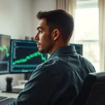 Retail trader analyzing cryptocurrency charts on multiple monitors in a home office.