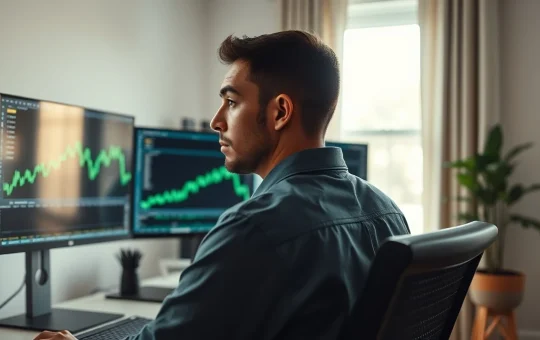Retail trader analyzing cryptocurrency charts on multiple monitors in a home office.
