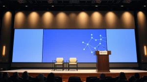 Conference stage set for Wyoming Blockchain Symposium with podium and digital screen