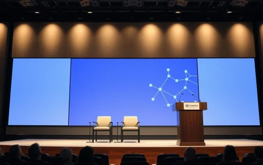 Conference stage set for Wyoming Blockchain Symposium with podium and digital screen