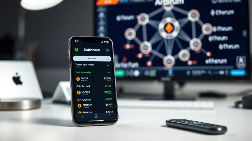 Smartphone showing Robinhood stock tokens for NVIDIA and Apple on a desk with blockchain network diagram in background