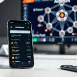 Smartphone showing Robinhood stock tokens for NVIDIA and Apple on a desk with blockchain network diagram in background