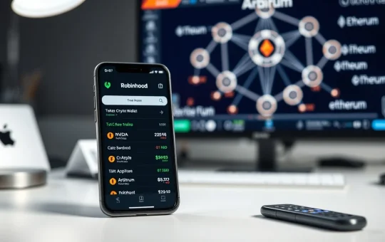 Smartphone showing Robinhood stock tokens for NVIDIA and Apple on a desk with blockchain network diagram in background