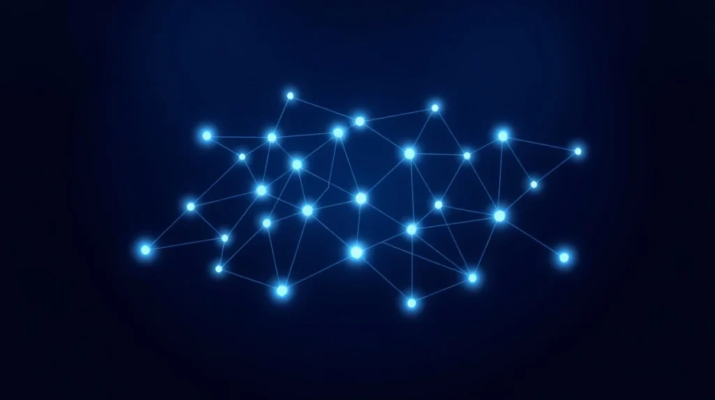 Robinhood Crypto blockchain network map with glowing nodes and connections on dark blue background