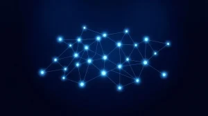 Robinhood Crypto blockchain network map with glowing nodes and connections on dark blue background