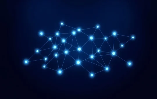 Robinhood Crypto blockchain network map with glowing nodes and connections on dark blue background