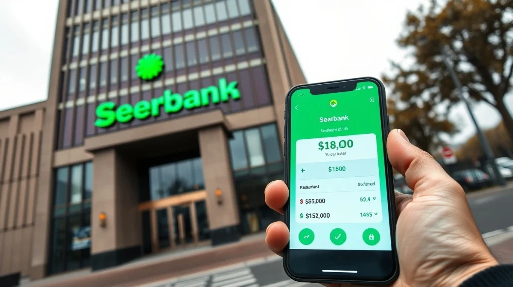 Sberbank headquarters in Moscow with a smartphone showing a crypto wallet app in the foreground