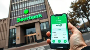 Sberbank headquarters in Moscow with a smartphone showing a crypto wallet app in the foreground
