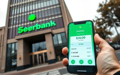 Sberbank headquarters in Moscow with a smartphone showing a crypto wallet app in the foreground