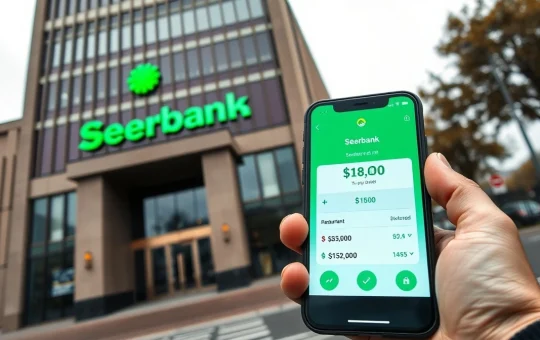 Sberbank headquarters in Moscow with a smartphone showing a crypto wallet app in the foreground