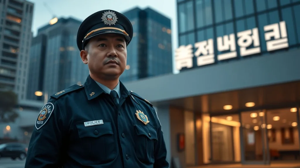 South Korean police officer outside Seoul police station at dusk in connection with cryptocurrency scam investigation