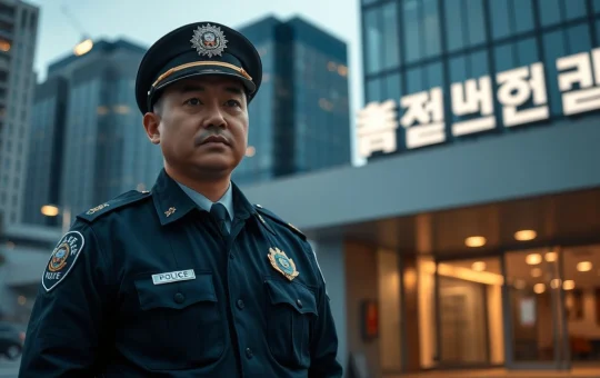 South Korean police officer outside Seoul police station at dusk in connection with cryptocurrency scam investigation