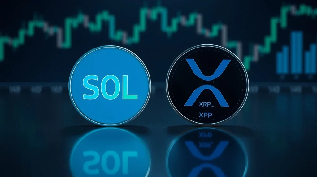 Solana and XRP tokens side by side on a reflective surface with financial charts in background