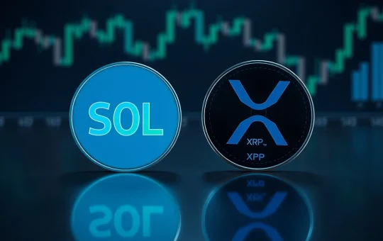 Solana and XRP tokens side by side on a reflective surface with financial charts in background