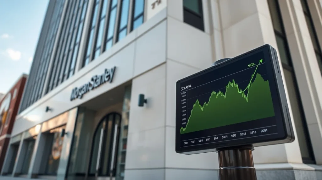 Morgan Stanley building exterior with a digital display showing a Solana price chart trending upward.