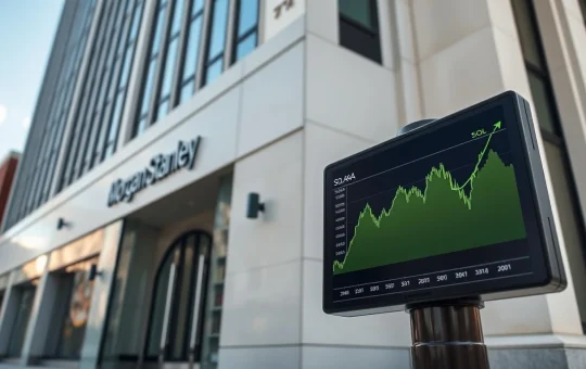 Morgan Stanley building exterior with a digital display showing a Solana price chart trending upward.