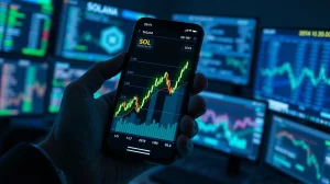 Smartphone displaying Solana price chart with network activity data in background