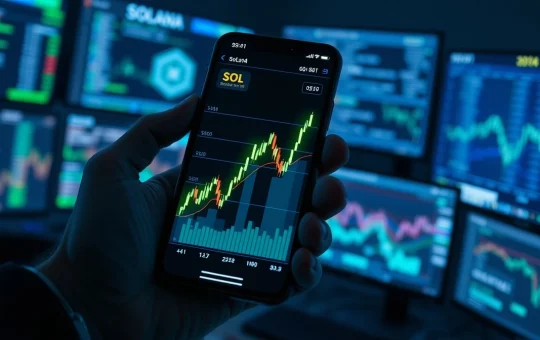 Smartphone displaying Solana price chart with network activity data in background